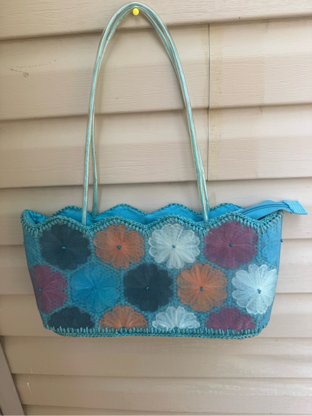 Turquoise Floral Appliqué Shoulder Bag for Women